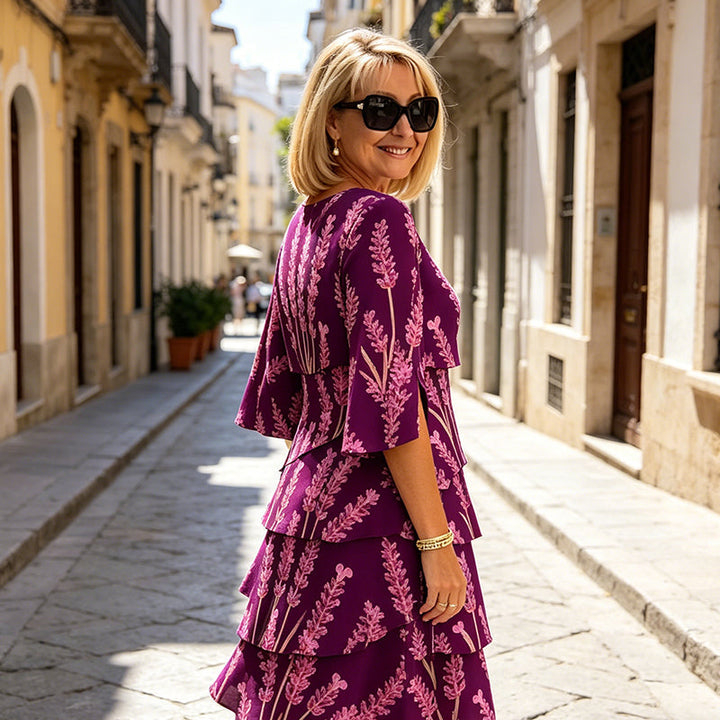 Elyvane™ - Women's Floral Ruffled Dress with Mid-Length and Split Sleeves