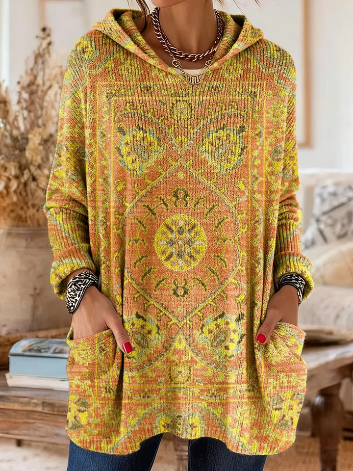 Women's Vintage-Inspired Hooded Tunic with Pockets and Ethnic Print
