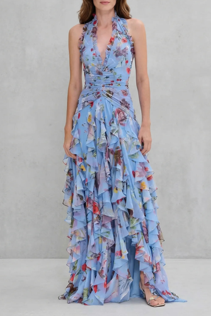 Belladina Enchanting Rose Cascade Halter Maxi Dress