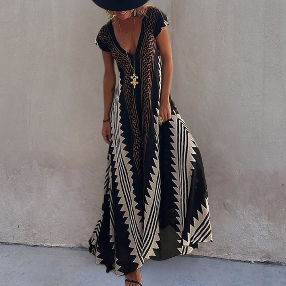 Adelina | Women's V-Neck Maxi Dress with Short Sleeves