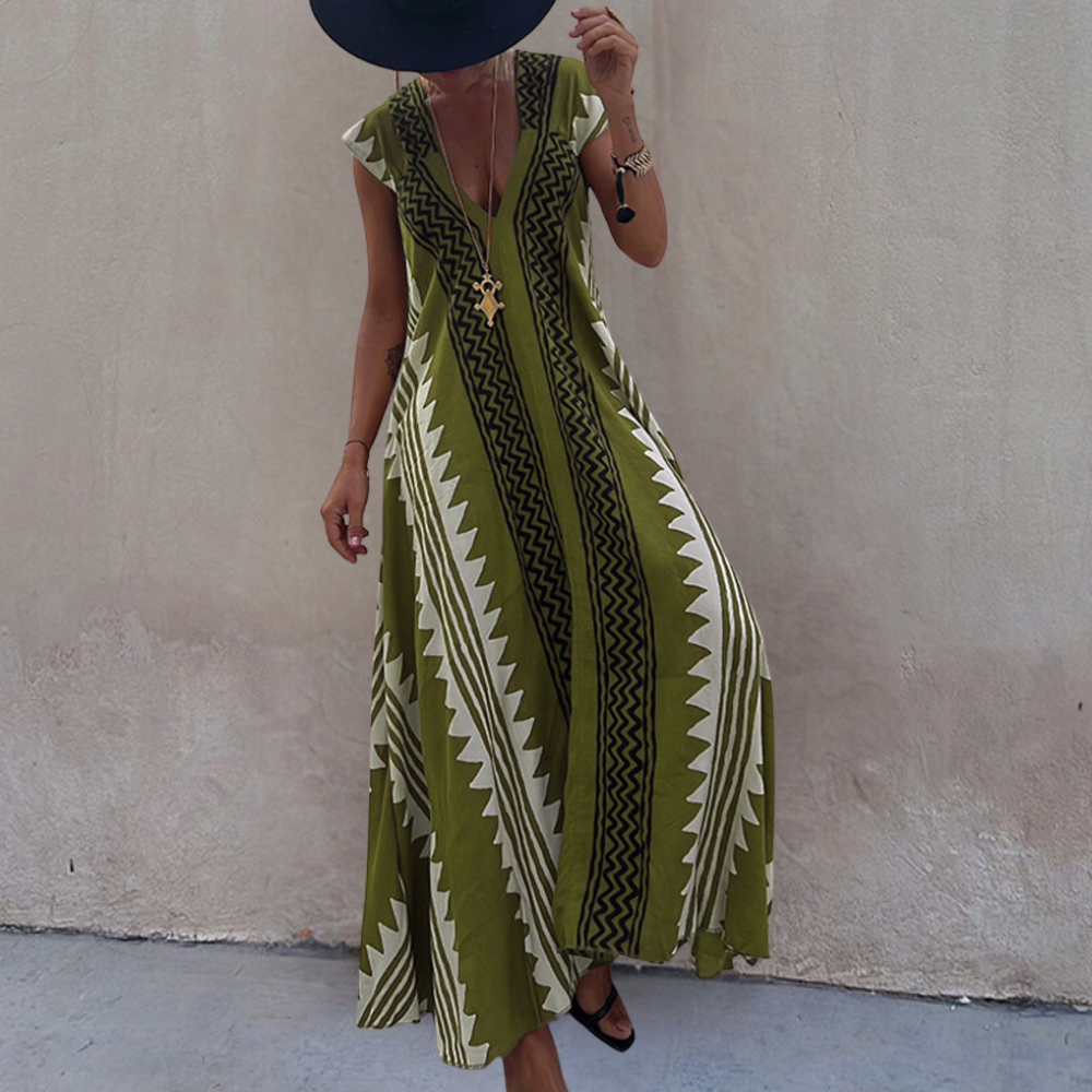 Adelina | Women's V-Neck Maxi Dress with Short Sleeves