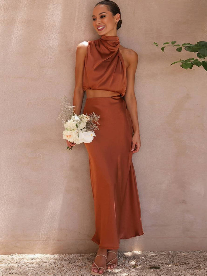 Women's Halter Neck Two-Piece Set with Maxi Skirt