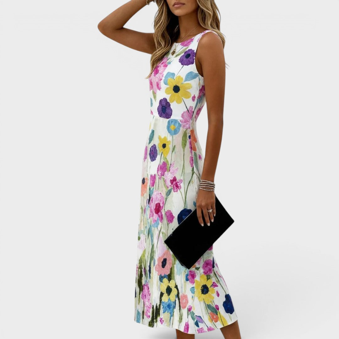 Carmina | Sleeveless Midi Dress with Watercolour Floral Design