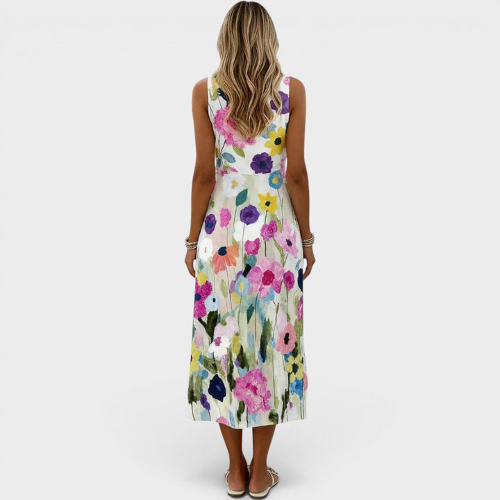 Carmina | Sleeveless Midi Dress with Watercolour Floral Design