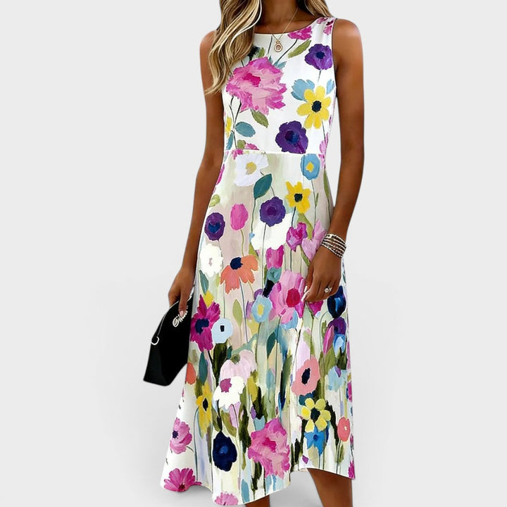 Carmina | Sleeveless Midi Dress with Watercolour Floral Design