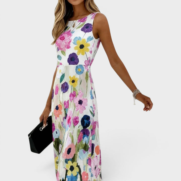 Carmina | Sleeveless Midi Dress with Watercolour Floral Design