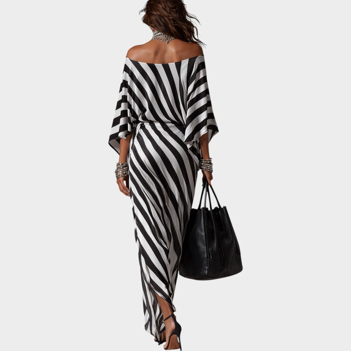 Women's Off-Shoulder Striped Maxi Dress with Tie Waist