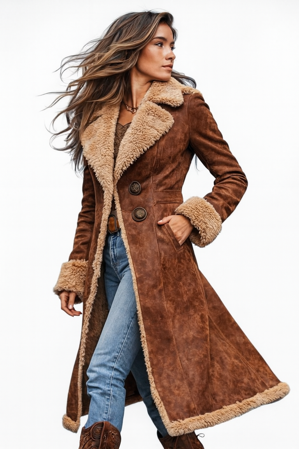 Retro-Style Long Coat with Faux Fur Detailing