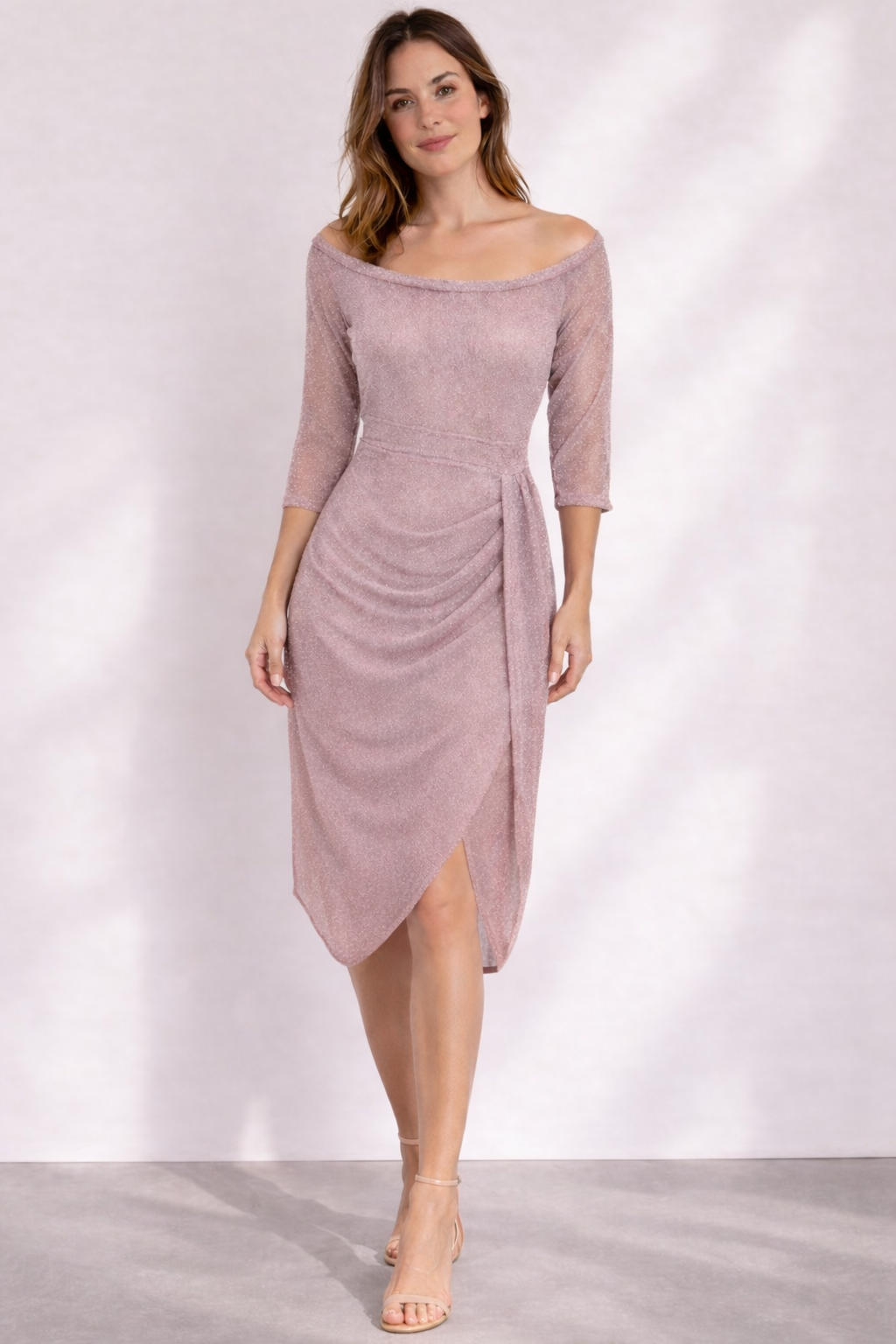 Women's Off-Shoulder Wrap Dress with 3/4 Sleeves