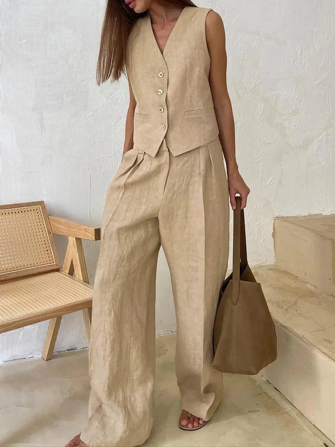 Women's Wide-Leg Set with Buttons and Pockets