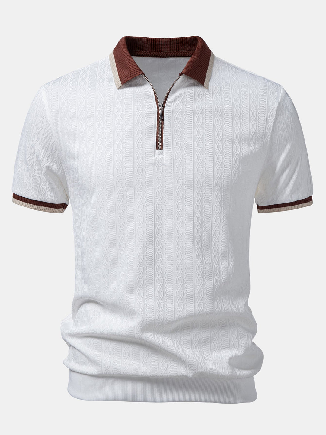 Textured Knit Polo with Contrast Trim and Zipper