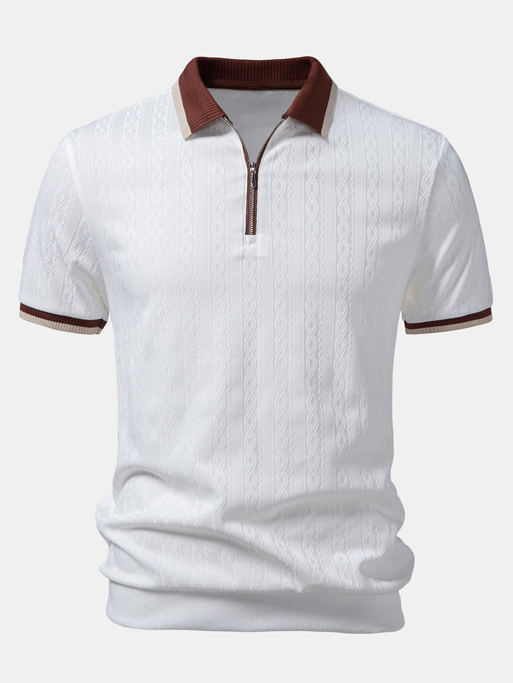 Textured Knit Polo with Contrast Trim and Zipper