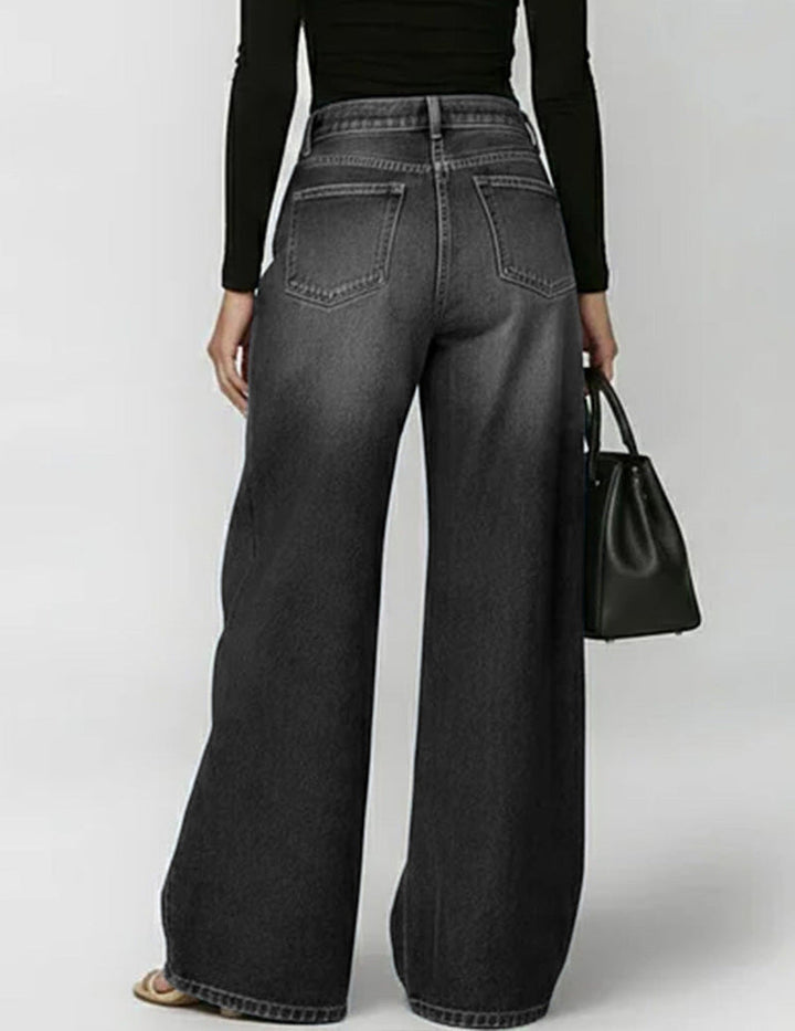 Wide-Leg Denim Pants Featuring Gold Grommet Side Cutouts