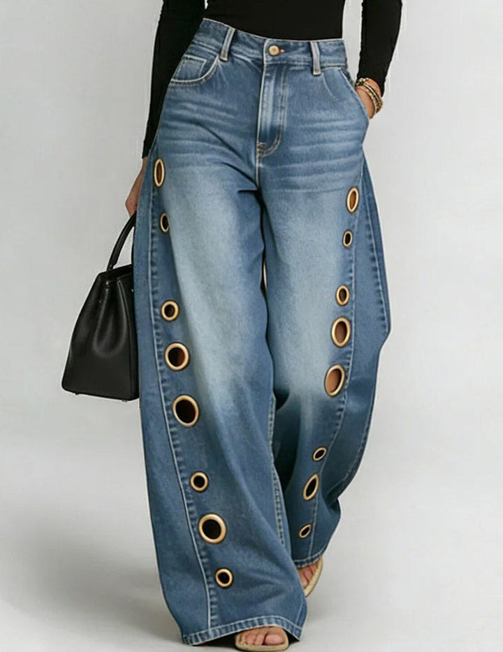 Wide-Leg Denim Pants Featuring Gold Grommet Side Cutouts