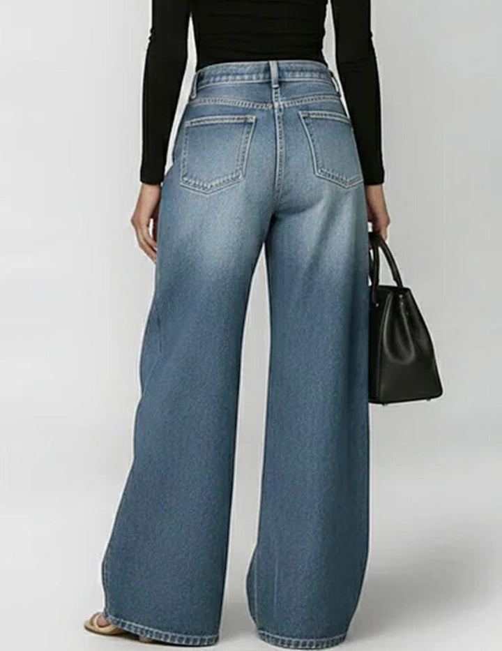 Wide-Leg Denim Pants Featuring Gold Grommet Side Cutouts