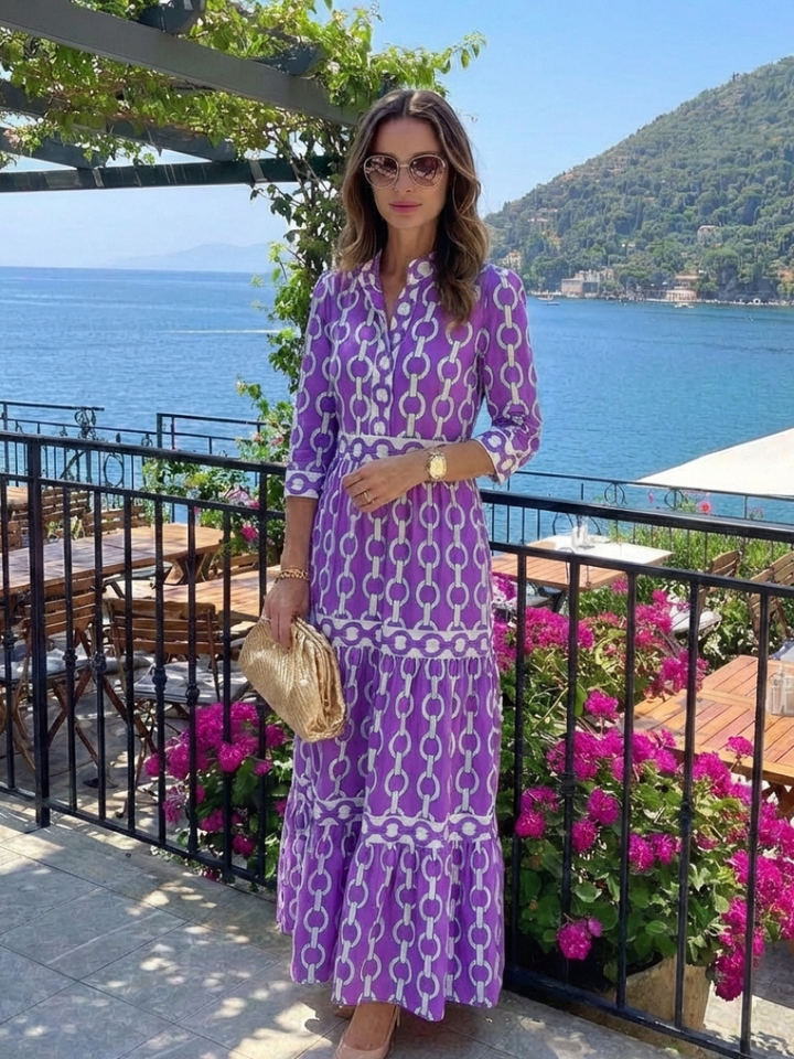 Ysolde | Midi Dress with Three-Quarter Sleeves and Chain Pattern