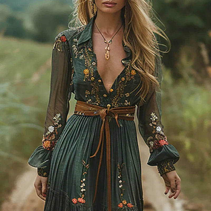 Bohemian Embroidered V-Neck Maxi Dress for Women