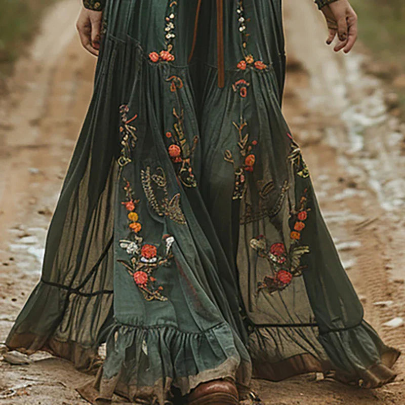 Bohemian Embroidered V-Neck Maxi Dress for Women