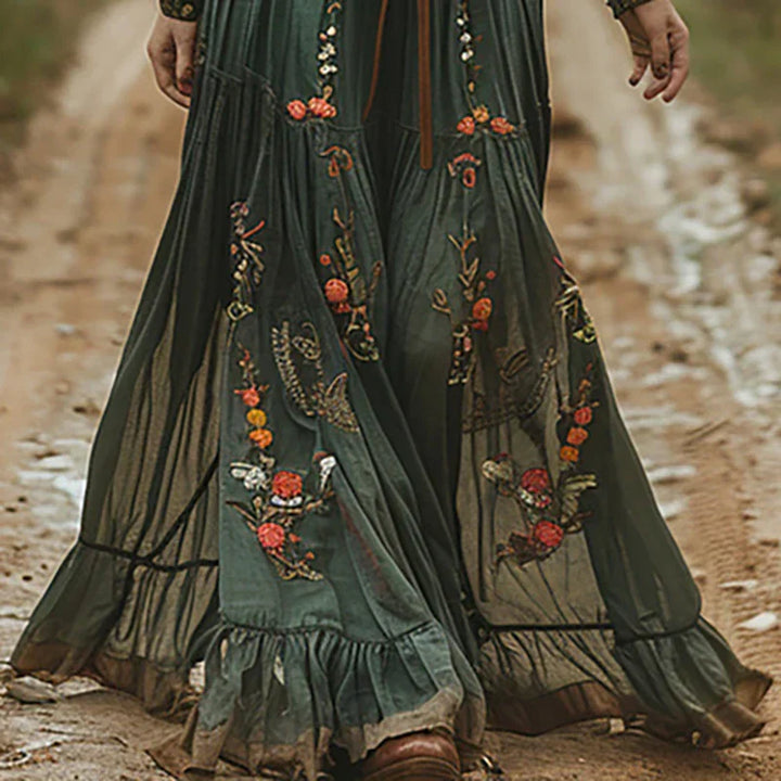 Bohemian Embroidered V-Neck Maxi Dress for Women