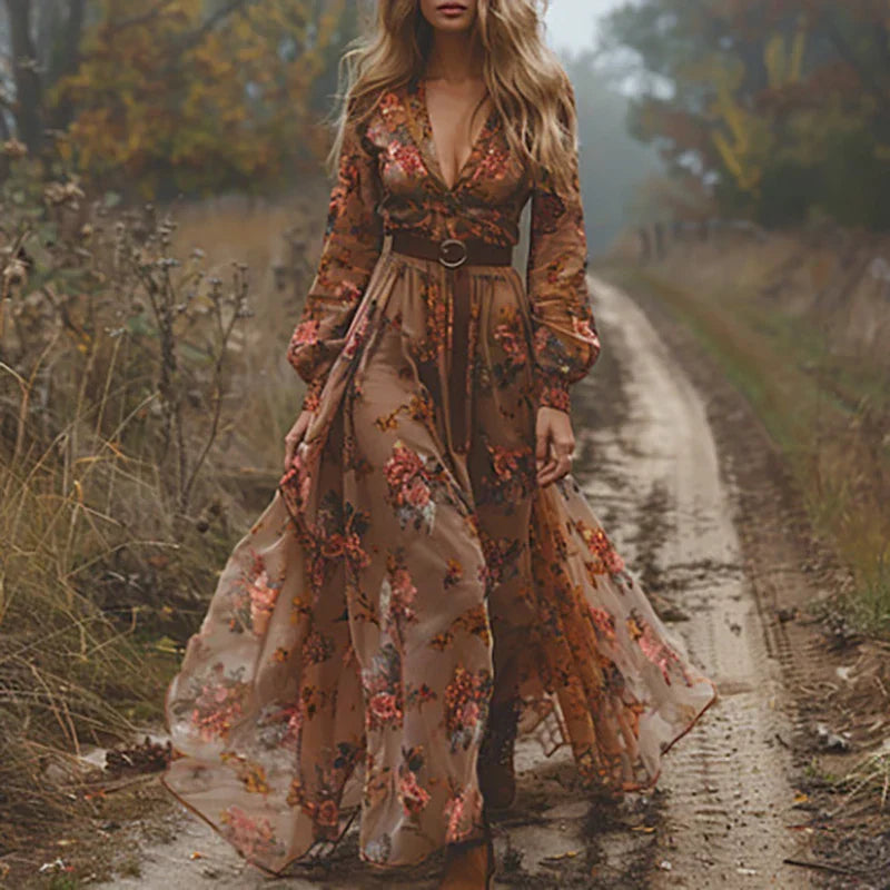 Bohemian Embroidered V-Neck Maxi Dress for Women