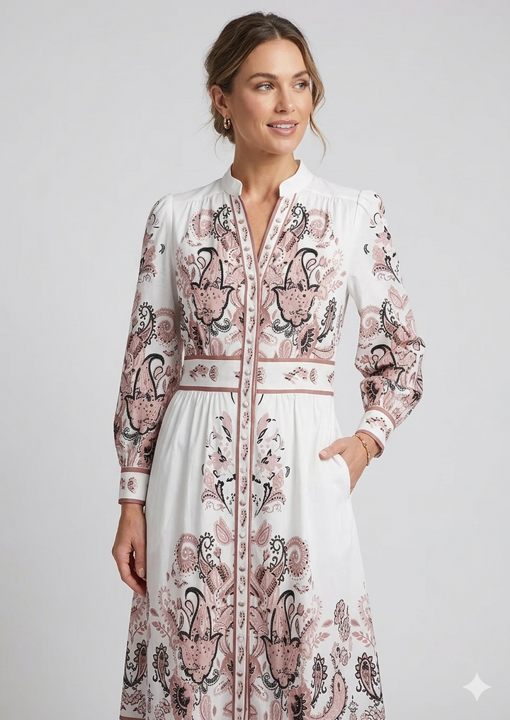 Heidi-Inspired Floral Maxi Dress with V-Neck and Long Sleeves for Festive Occasions