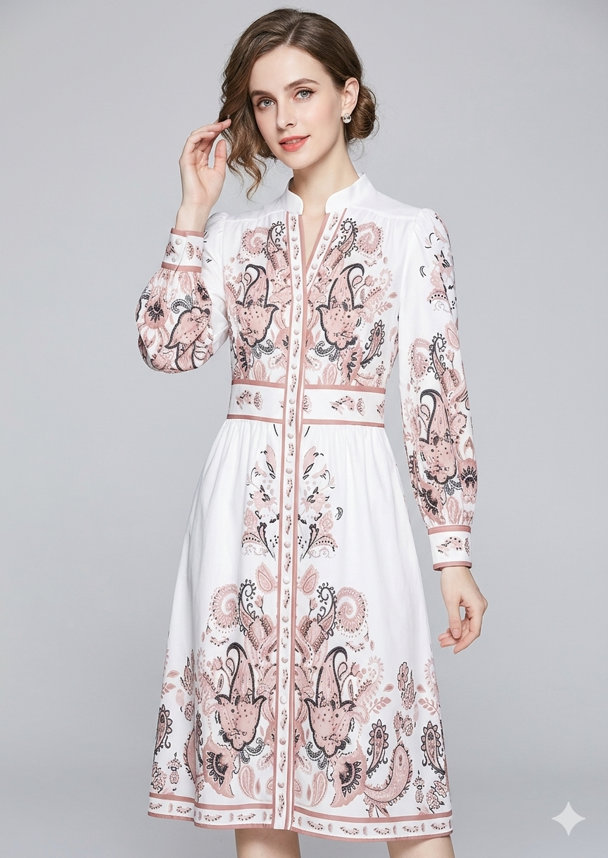 Heidi-Inspired Floral Maxi Dress with V-Neck and Long Sleeves for Festive Occasions