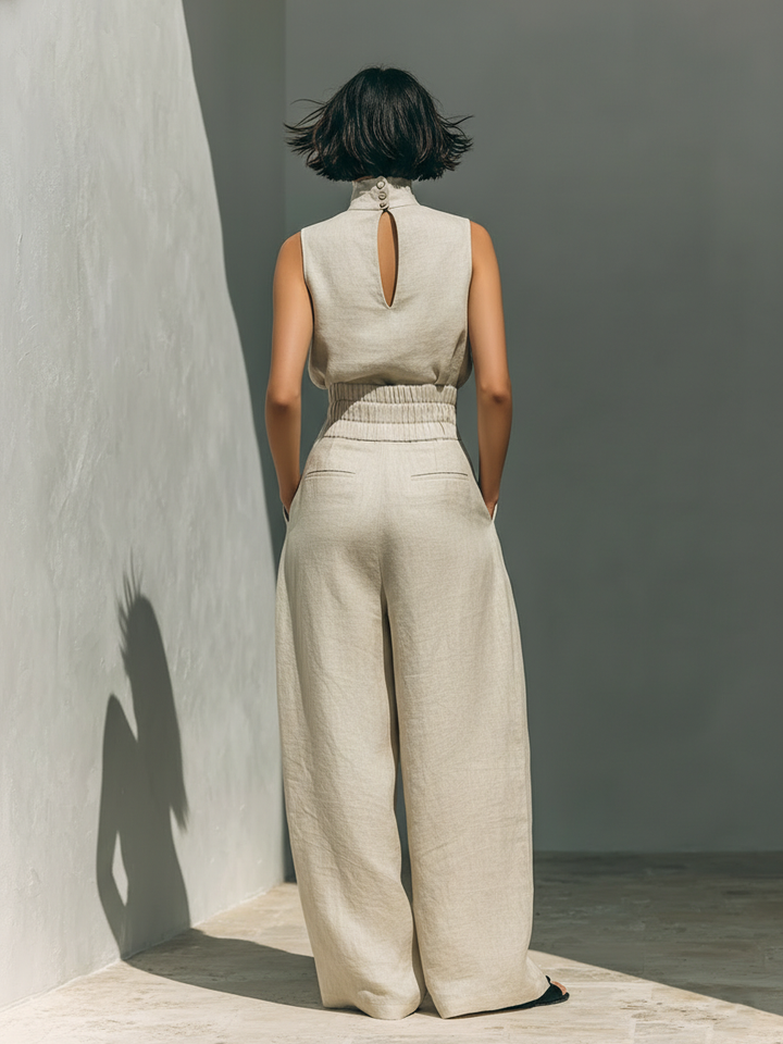 Women's Sleeveless Cotton-Linen Blouse and Wide-Leg Trousers Ensemble