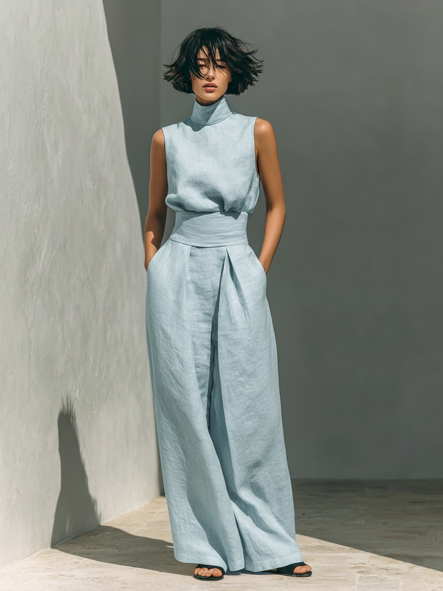 Women's Sleeveless Cotton-Linen Blouse and Wide-Leg Trousers Ensemble