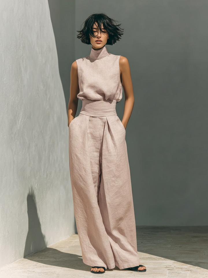Women's Sleeveless Cotton-Linen Blouse and Wide-Leg Trousers Ensemble