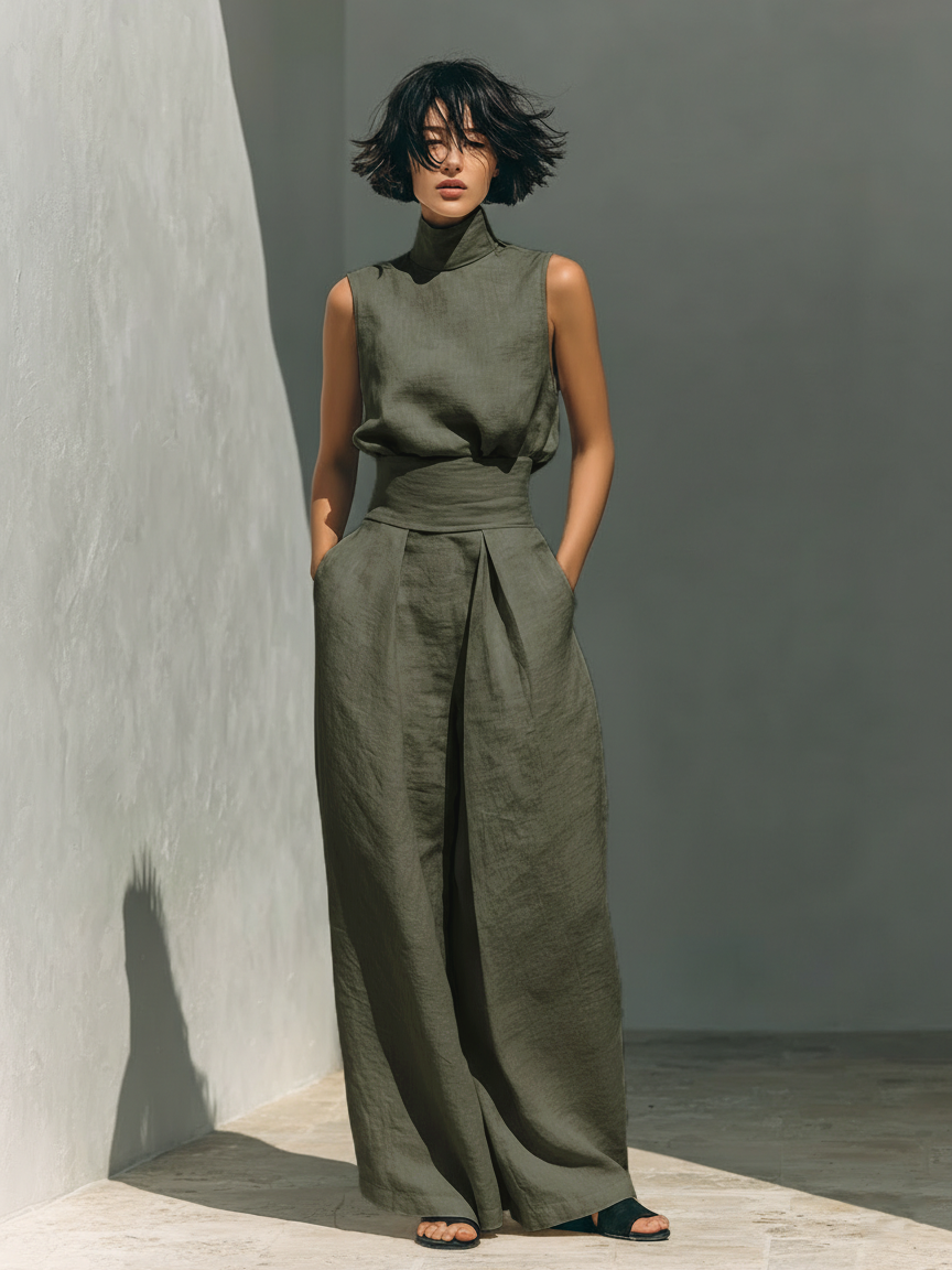 Women's Sleeveless Cotton-Linen Blouse and Wide-Leg Trousers Ensemble