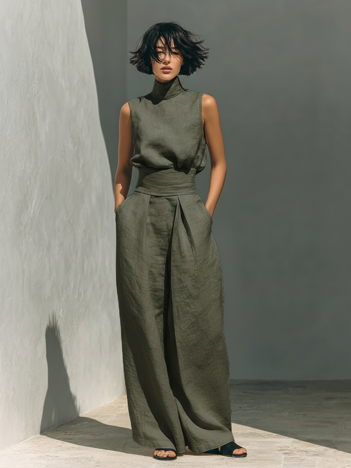 Women's Sleeveless Cotton-Linen Blouse and Wide-Leg Trousers Ensemble
