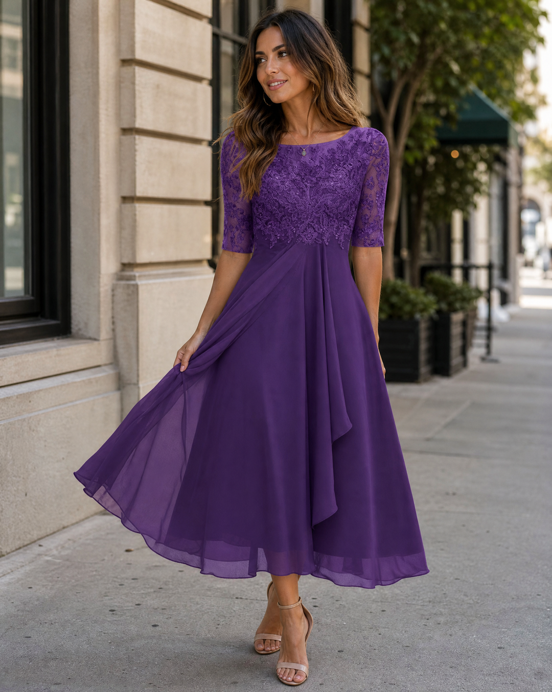 Women's Round Neck Lace Midi Dress with Pockets