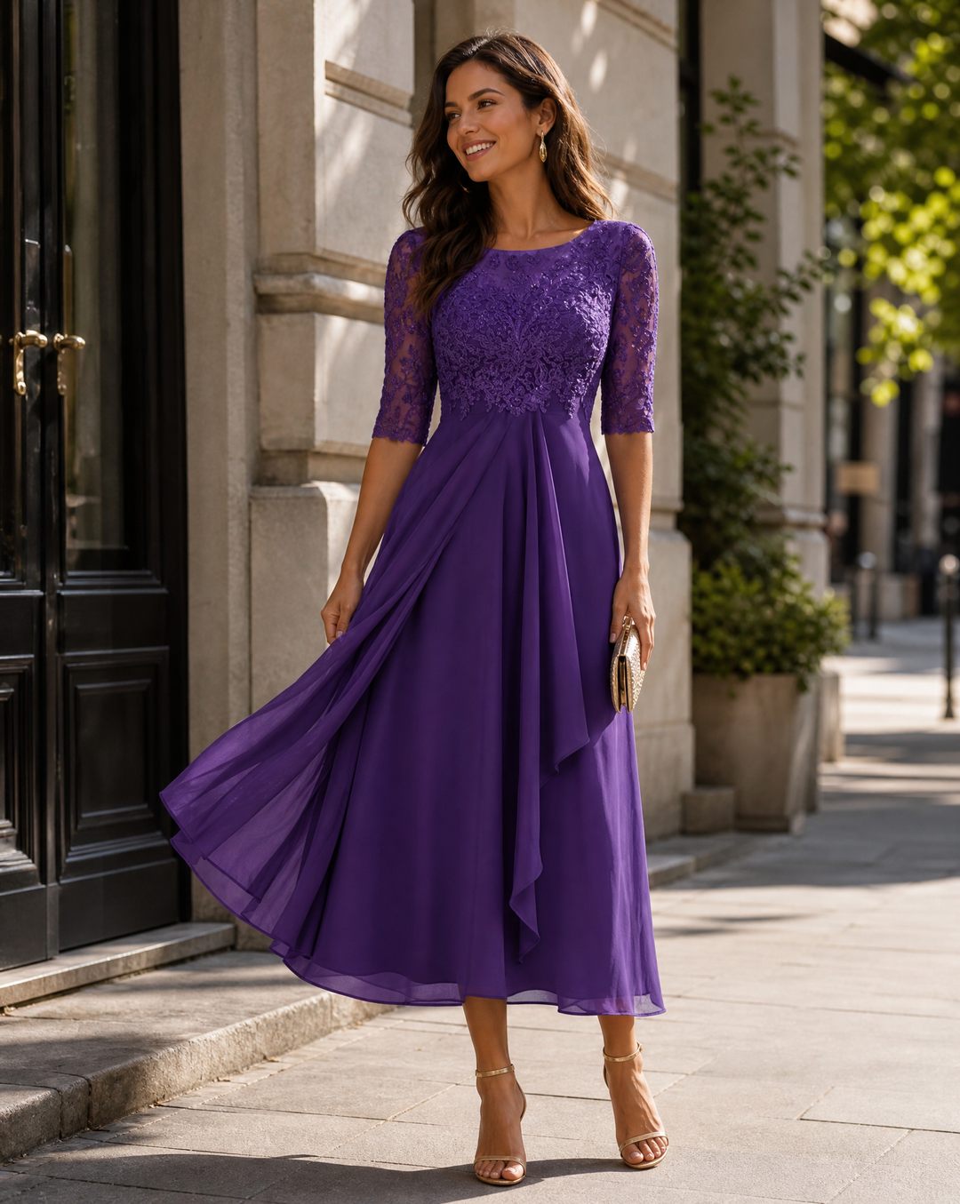 Women's Round Neck Lace Midi Dress with Pockets