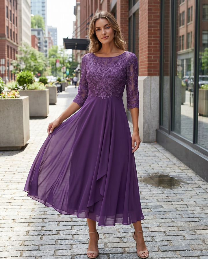 Women's Round Neck Lace Midi Dress with Pockets