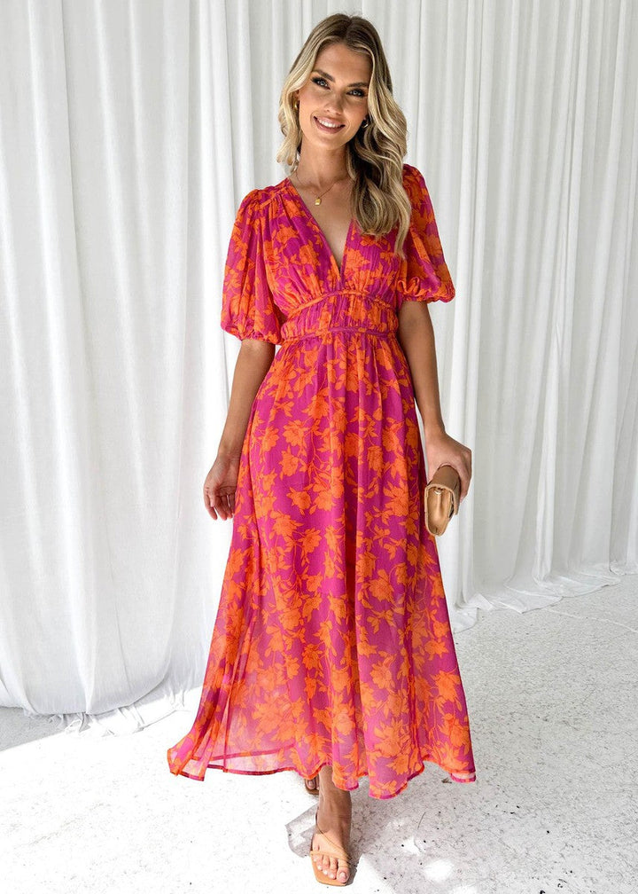 Katy™ - Elegant Puff Sleeved Floral Midi Dress
