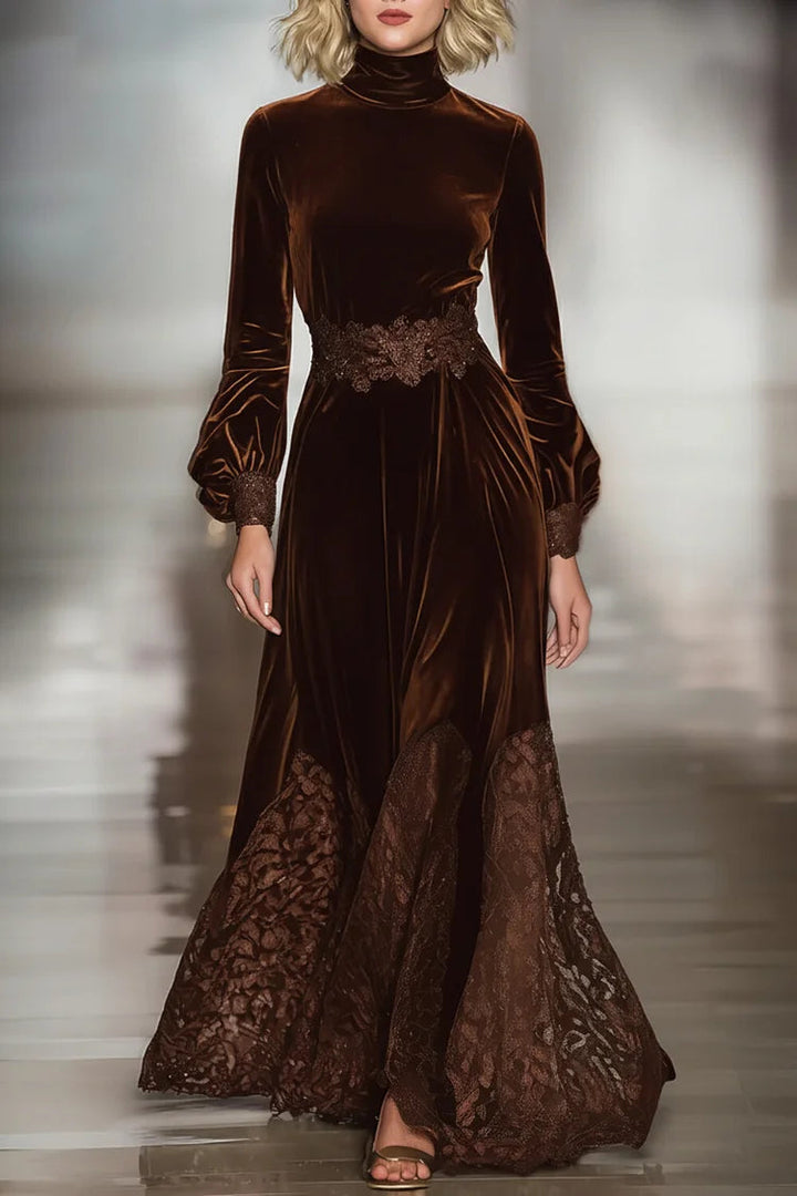 Velvet Maxi Dress with Lace Patchwork and Balloon Sleeves