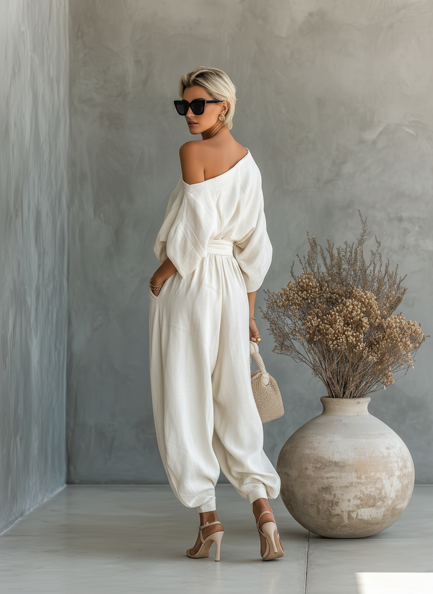 Lisa | Cozy Off-Shoulder Top with Tapered Trousers Ensemble