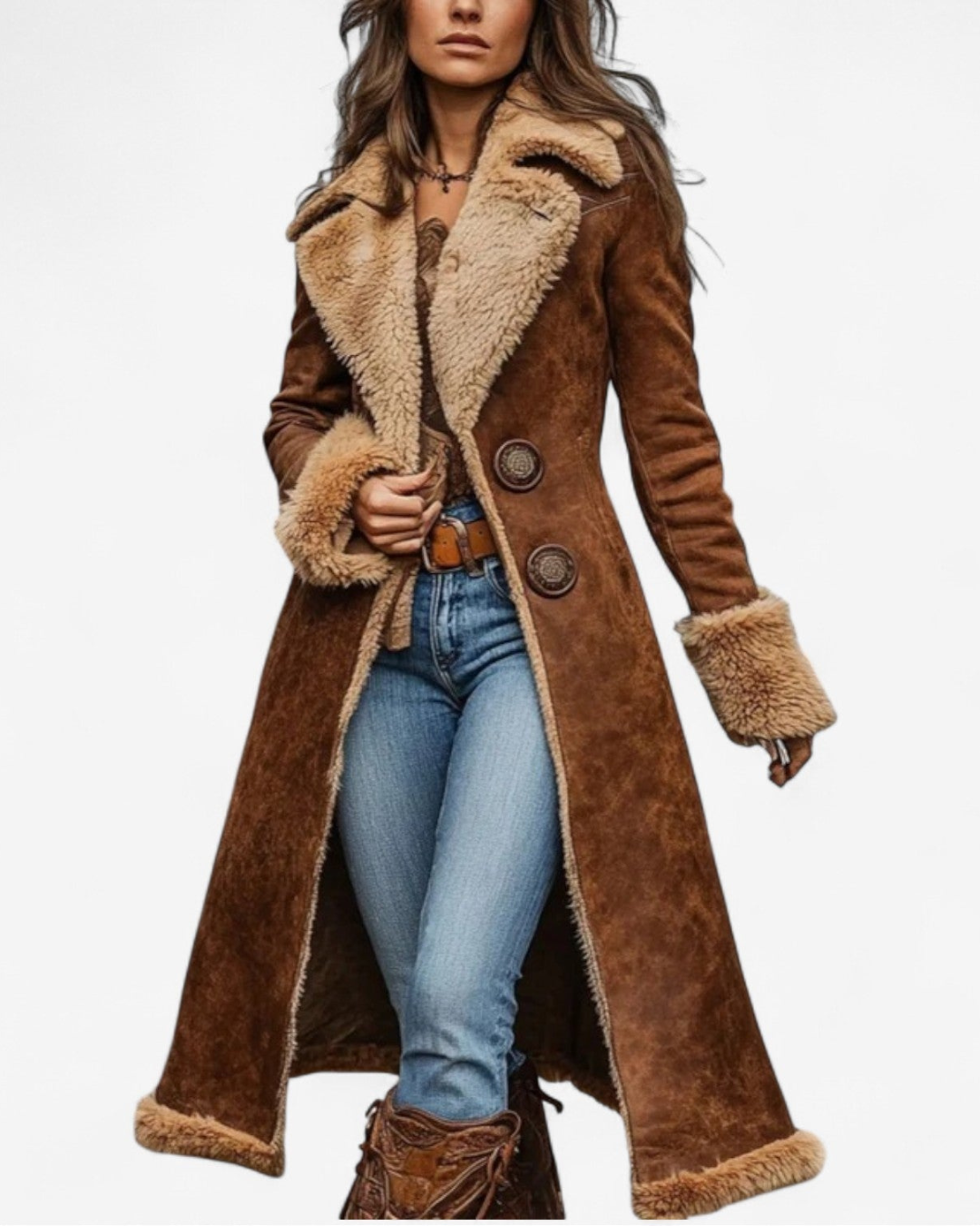 Retro-Style Long Coat with Faux Fur Detailing