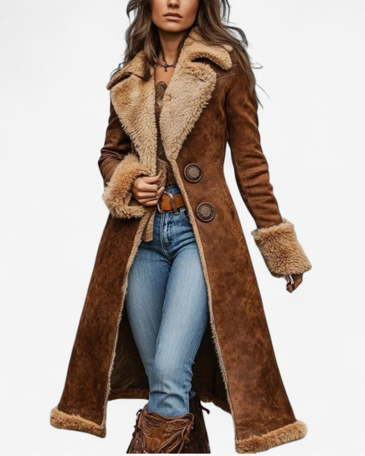 Retro-Style Long Coat with Faux Fur Detailing