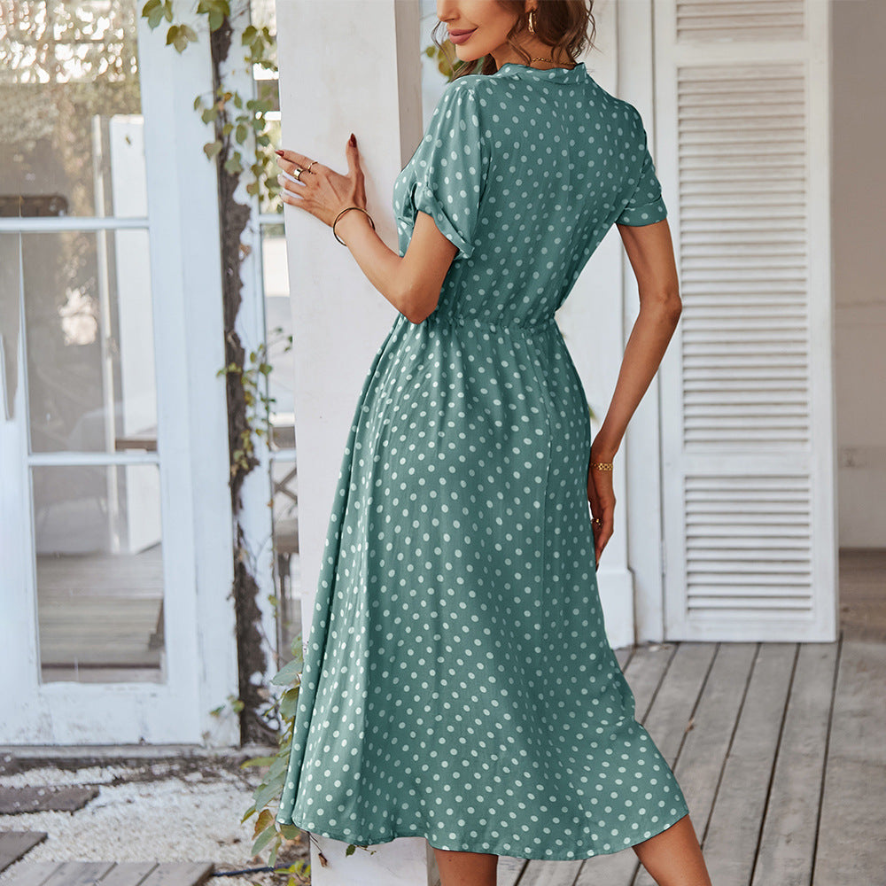 Women's Polka Dot Midi Dress with Buttons and Tie Waist