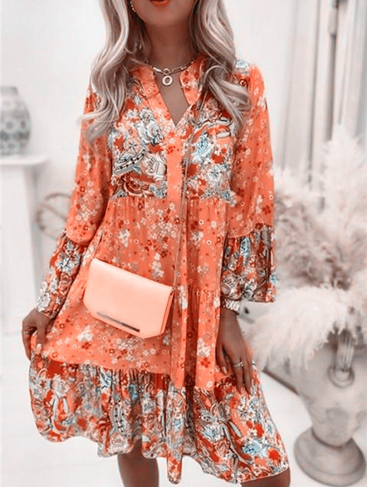 V-Neck Floral A-Line Dress with 3/4 Sleeves, Above Knee Length