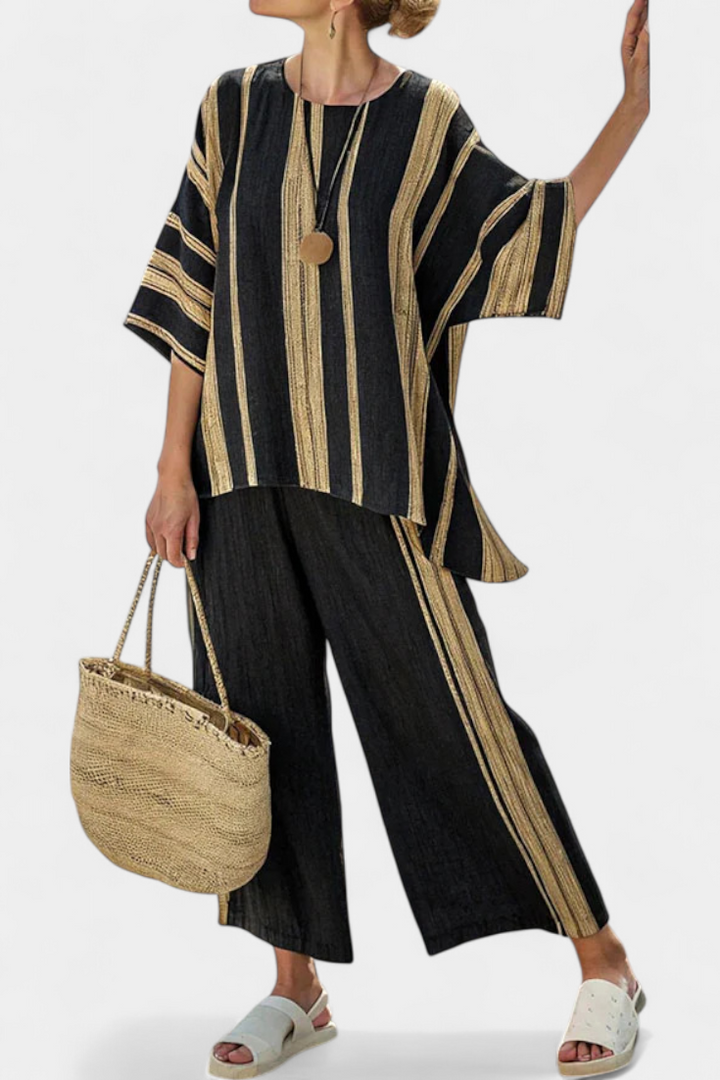 Tamara – oversized striped top and relaxed linen trousers
