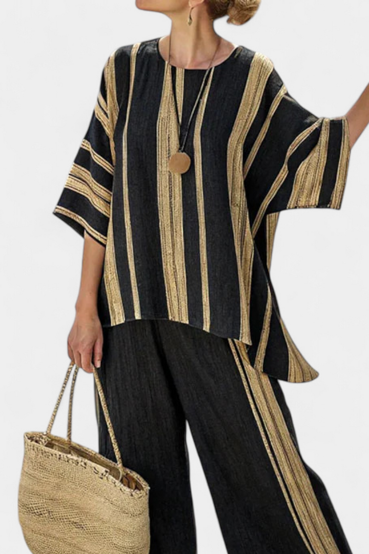 Tamara – oversized striped top and relaxed linen trousers