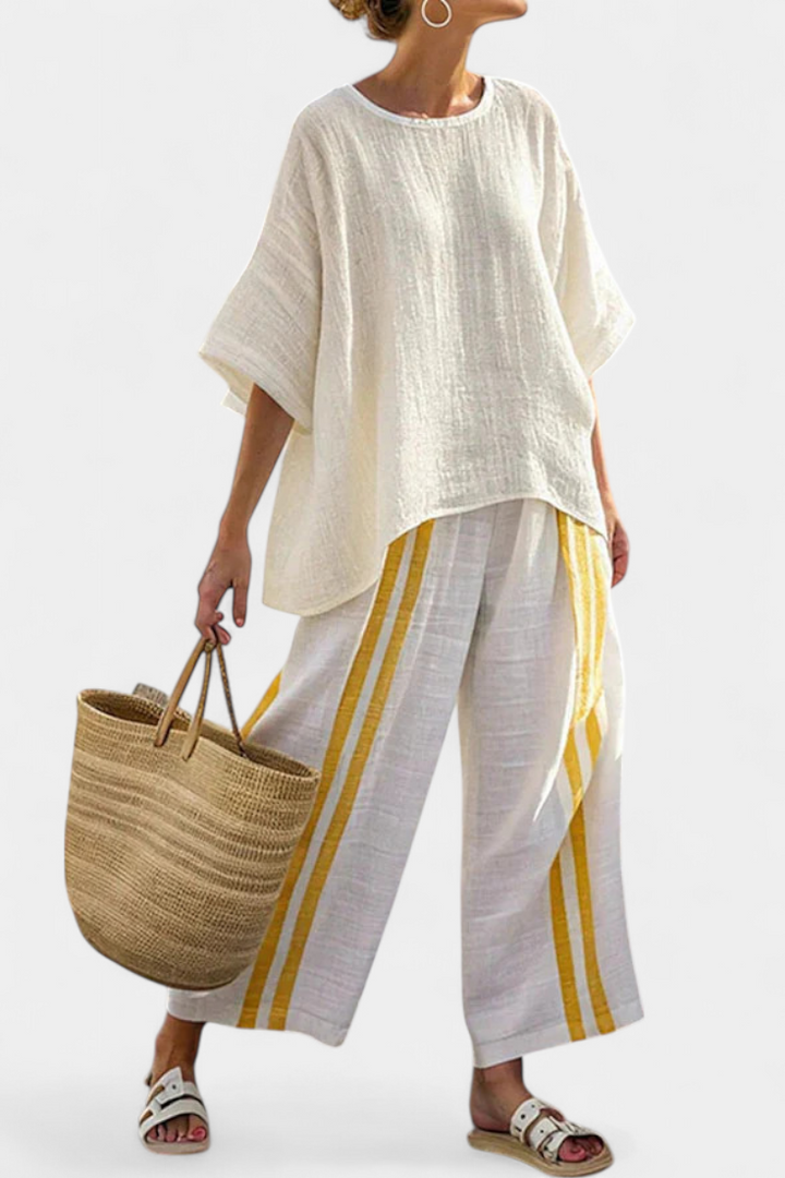 Arianna – elegant yellow striped linen top and wide-leg trousers