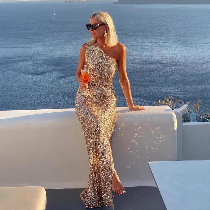 Women's Maxi Dress with Side Slit and Sequins