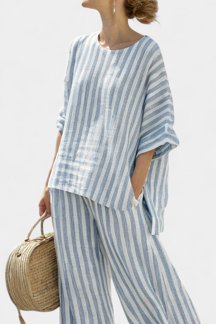 Federica | Women's Longline sophisticated blue striped top and relaxed trousers
