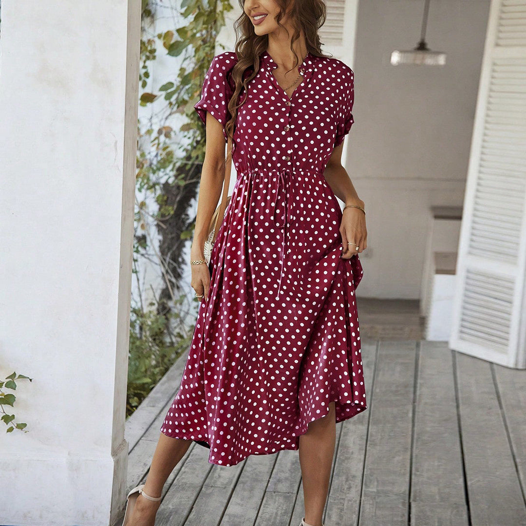 Women's Polka Dot Midi Dress with Buttons and Tie Waist