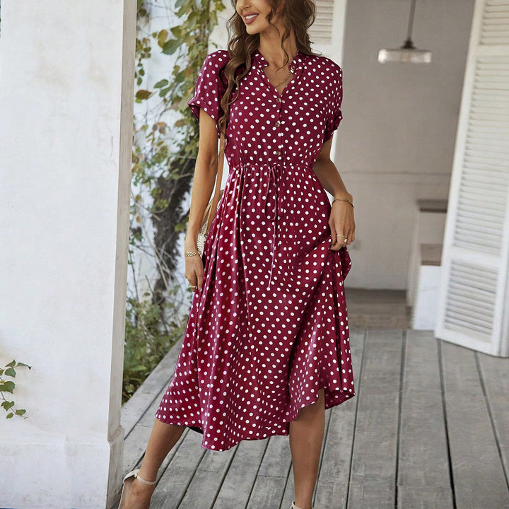 Women's Polka Dot Midi Dress with Buttons and Tie Waist