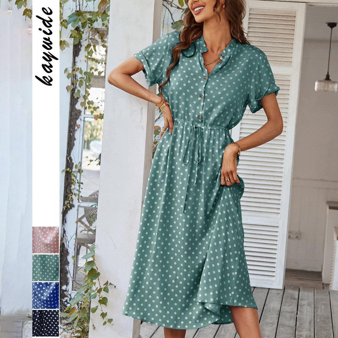 Women's Polka Dot Midi Dress with Buttons and Tie Waist