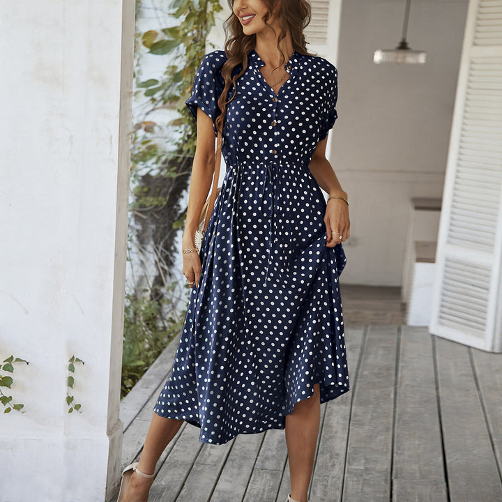 Women's Polka Dot Midi Dress with Buttons and Tie Waist